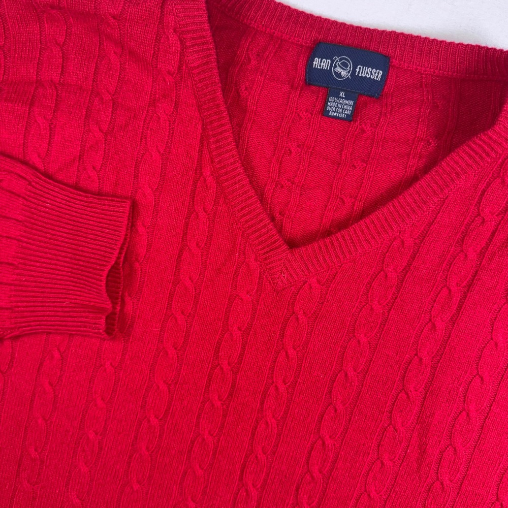 Alan Flusser Sweater Men XL Red/Pink 100% Cashmere Cable Knit V-Neck Long Sleeve